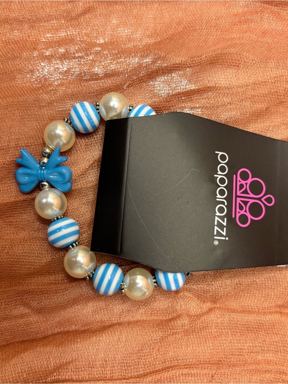 paparazzi Blue Bow Striped Pearl Stretch Bracelet